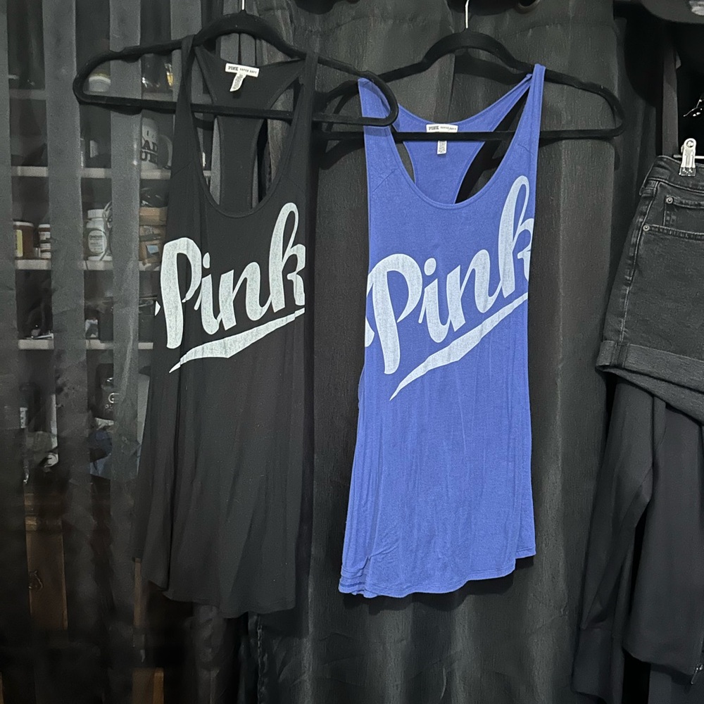 PINK Victoria's Secret Blue and Black Athletic Tank Tops
